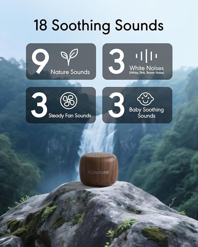 Sound Machine Flowtune White Noise Machine for Baby Adults, Mini Portable Sound Machine for Travel, 6H Timer, 18 Soothing Sleep Sounds Gift (Wood Grain) - Bloomnest