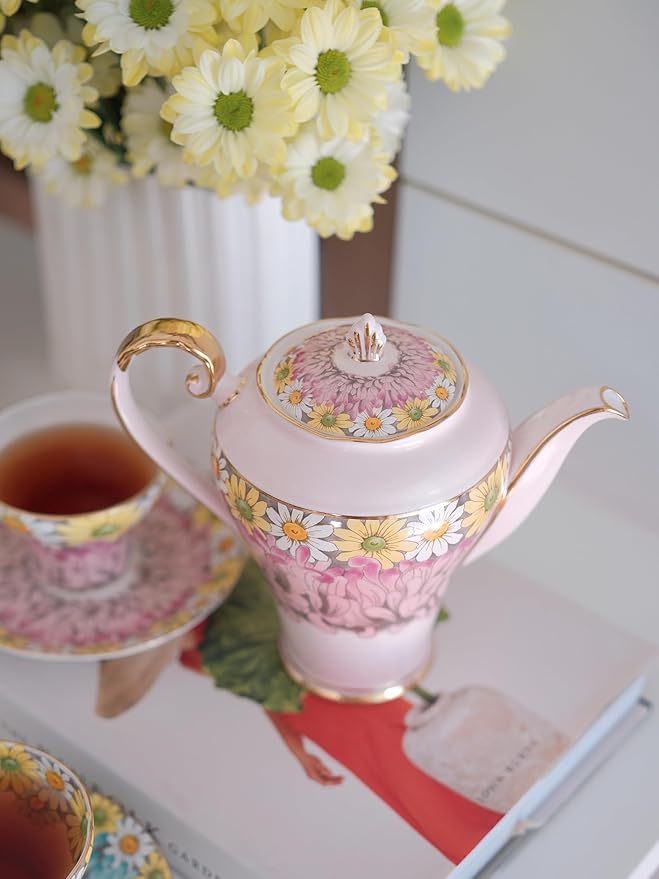 Aynsley Corset Daisy 9-Piece Tea Set with Pink Teapot & Fine Bone China Tea Cups and Saucer Set, English Floral Design with Gold Trim, Luxury Gift - Bloomnest