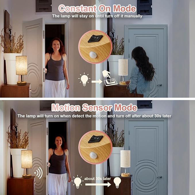 Table Lamp with Motion Sensor or Constant on Mode, USB Lamp Include One LED Bulb, Built in 1 USB Port & 1AC Outlet, Bedside Lamp Idea for Bedroom, Hallway, Bath Room - Bloomnest
