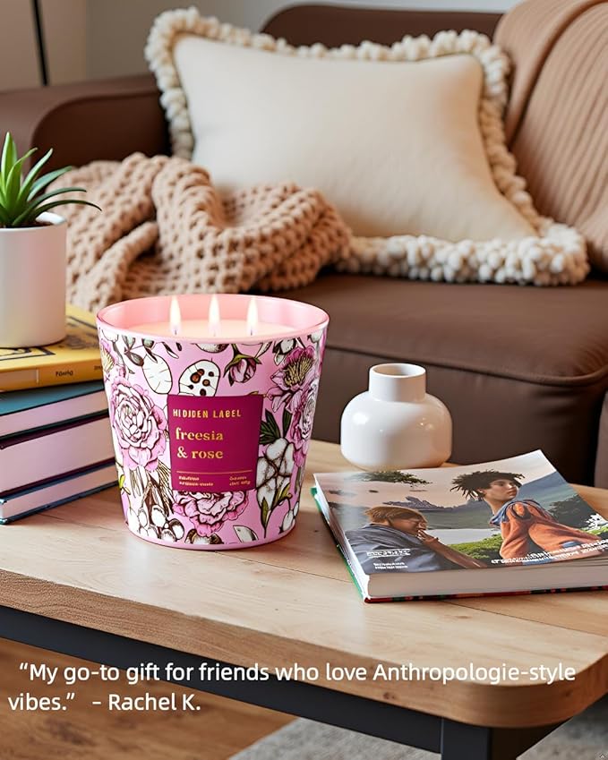 Giant Candle Freesia Rose Scented, 30oz Natural Non Toxic Soy Candles, 3 Wicks Aromatherapy Candles for Home Scented, Up to 100Hours Clean Burn,Long Lasting, Extra Large Jar Candles for Women - Bloomnest