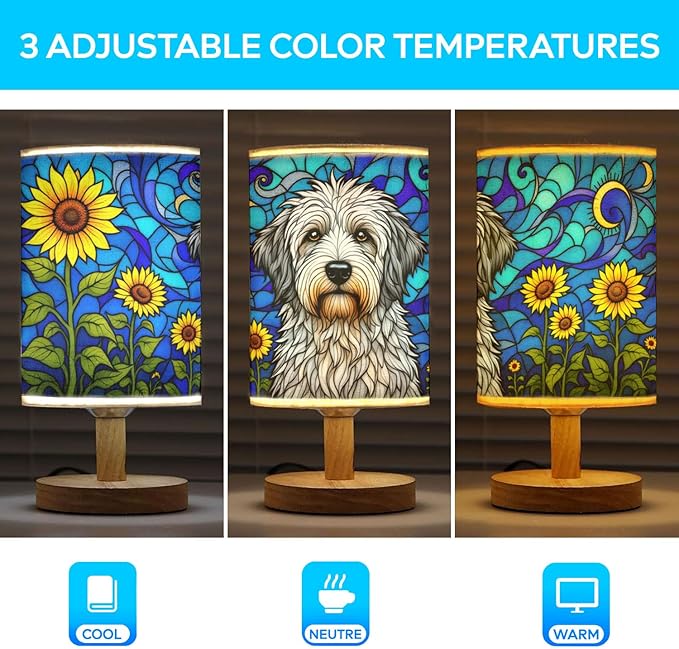 Old English Sheepdog Table Lamp LED 3-Color Pressed Bedside, Dog Shade Lamp with Wood Base for Bedroom Living Room Desk Office - Bloomnest