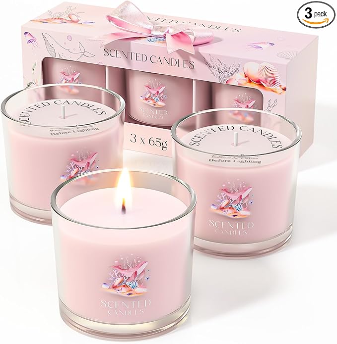 Scented Candles Gifts for Women, Candle Gift Set for Her, 3 Pink Ocean Candles, Birthday Gifts for Women/Men (Pink, 7 oz) - Bloomnest