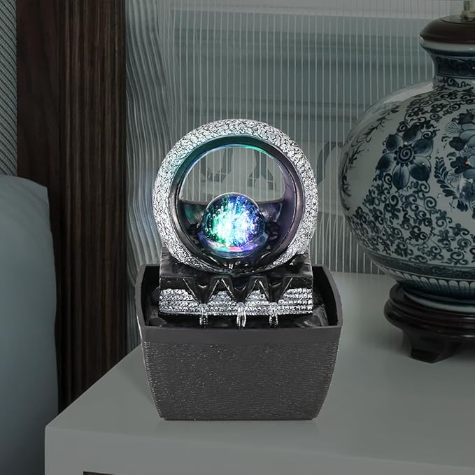 Tabletop Water Fountains, 3 Gears Desktop Fountain Indoor with Led Rolling Ball, Table Top Small Water Feature Interior Zen Relaxation Decor for Home Bedroom Living Room Office Apartment - Bloomnest