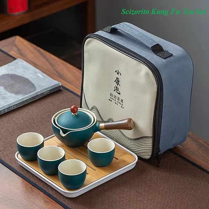 Ceramic Portable Travel Tea Set, Chinese Kungfu Tea Set with 360 Rotation Teapot and Infuser, 4 Tea Cups, Tea Tray And Travel Bag (Green)