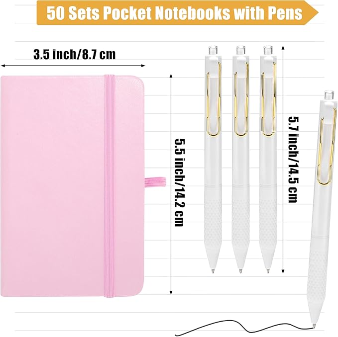Aodaer 50 Sets Pocket Notebook Journal with Pens, 160 Pages, 3.5 x 5.5 Inch Mini Lined Journal Notebook A6 Leather Hardcover College Ruled Notepad with Pen Holder for School Office Gifts, Pink - Bloomnest