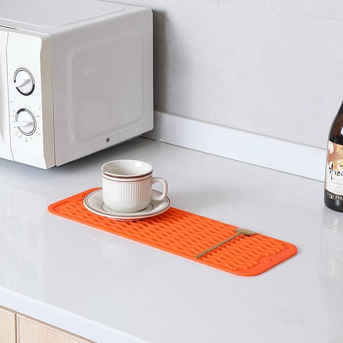 Silicone Dish Drying Mat for Multiple Usage,Easy clean,Eco-friendly,Heat-resistant Silicone Mat for Kitchen Counter,Sink,Bar,Bottle,or Cup Orange M 17 inches x 6 inches - Bloomnest