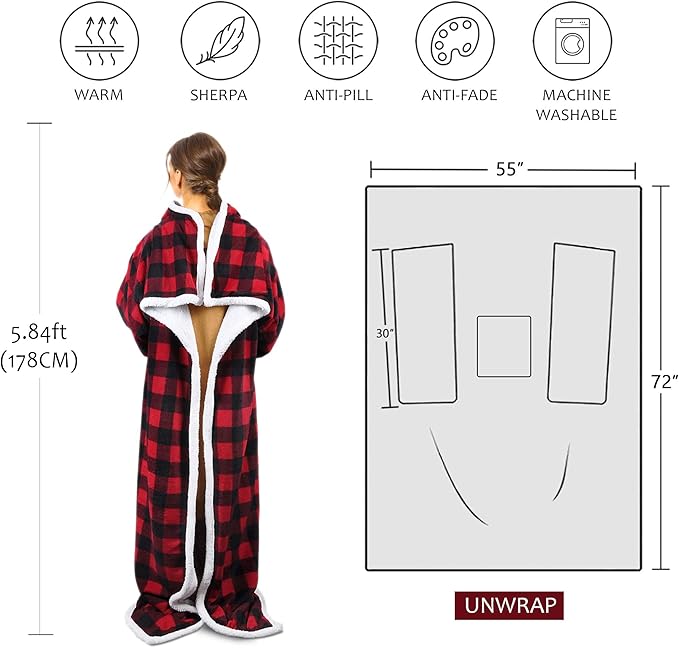 Tirrinia Sherpa Wearable Blanket With Sleeves, Full Body Throw Reading Wrap TV Blankets - Bloomnest