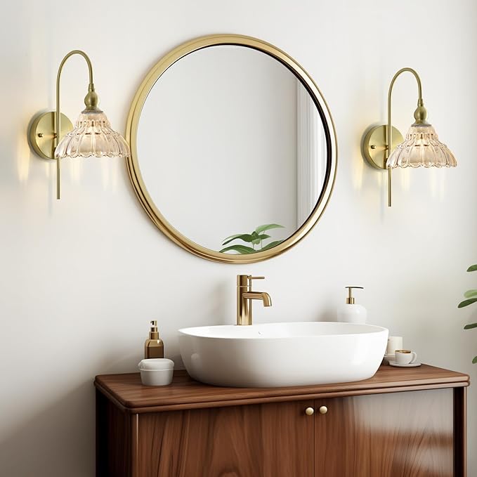 Vintage Wall Sconces with Amber Flower Glass Lampshade, Indoor Bath-Room Wall Sconce, Modern Gold Industrial Lighting Fixture for Mirror Living Room Hallway 2 Pack - Bloomnest