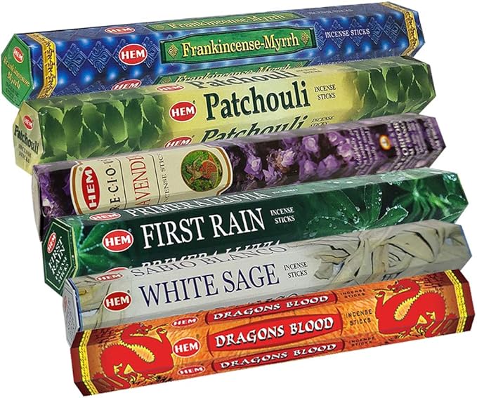 Hem Incense Sticks Variety Pack #23-120 Insence-Sticks (6 Incents x 20 Insense) + Incense Stick Holder with 6 Most Liked Scents Including Patchouli Dragons Blood White Sage Frankincense-Myrrh - Bloomnest