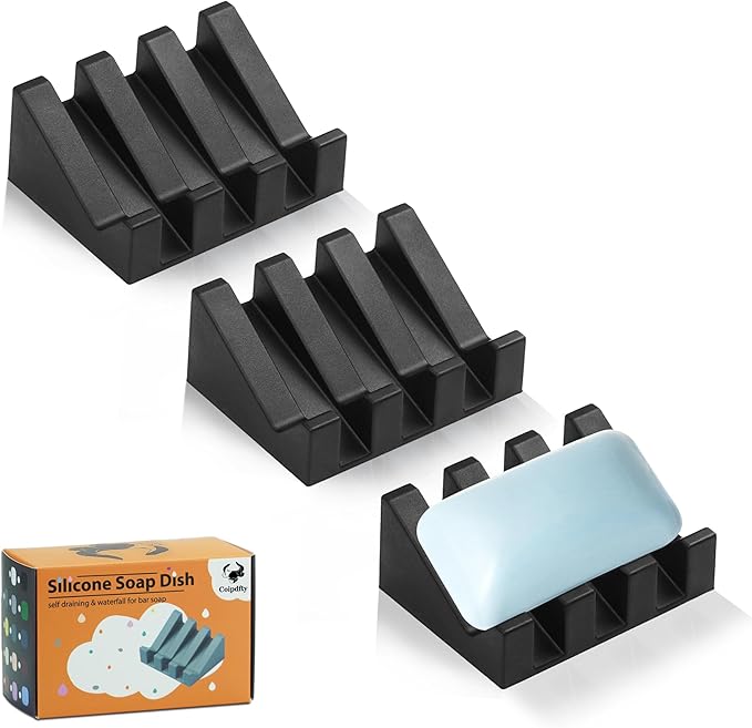 Self Draining Soap Dish Holder,Silicone Soap Dish,for Bathroom,Kitchen, Sponges，Can Extend Soap Life，Keep Soap Bars Dry and Easy Cleaning (Black,3-Pack) - Bloomnest