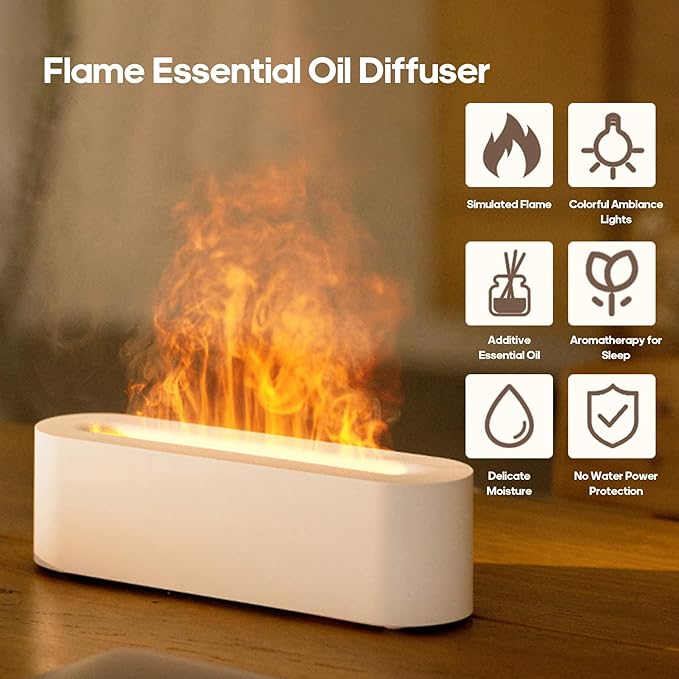 Essential Oil Air Diffuser Flame Colorful Water Vapor Fire Fireplace Humidifier for Aromatherapy Aroma Therapy Machine Room Bedroom,Flame Diffuser for Essential Oils,White - Bloomnest