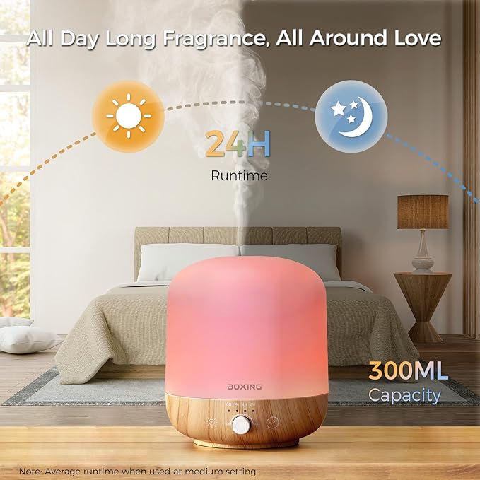 BOXING 300ML Essential Oil Diffuser, Diffusers for Home&Large Room, Aromatherapy Diffuser with 7 Colors Night Light Perfect for Bedroom Baby, Stepless Knob Control,Timer,Quiet,Auto Shut Off,White&Wood - Bloomnest
