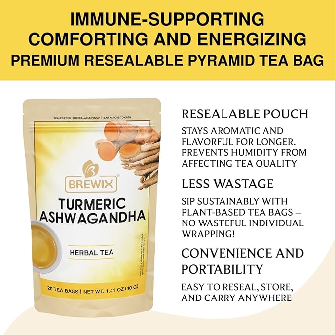 BREWIX, Turmeric Ashwagandha Herbal Tea Bags (20 Pyramid Tea Bags) Adaptogenic Herbs for Stress & Mood Support | Evening Calm & Sleep Support | Real Ingredients From India, Caffeine Free & Naturally Gluten Free | 100% Pure Herbal Blend Packed in Reseal... - Bloomnest