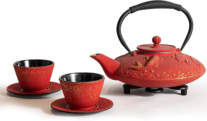 Cast Iron Teapot Set with 2 Tea Cups, 7Pcs Japanese Tea Kettle with Stainless Steel Infuser, Tea Pot Coated with Enameled Interior, Fish Pattern, 27oz 780ml Red - Bloomnest