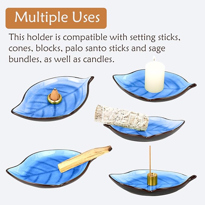 Incense Holder for Sticks (9 Holes) and Cones, Handmade Ceramic Incense Ash Catcher for Meditation, Yoga, SPA Days, Relaxing, Home Decor, Candle Holder, Easy to Clean, Leaf-Shape (Dark Blue) - Bloomnest