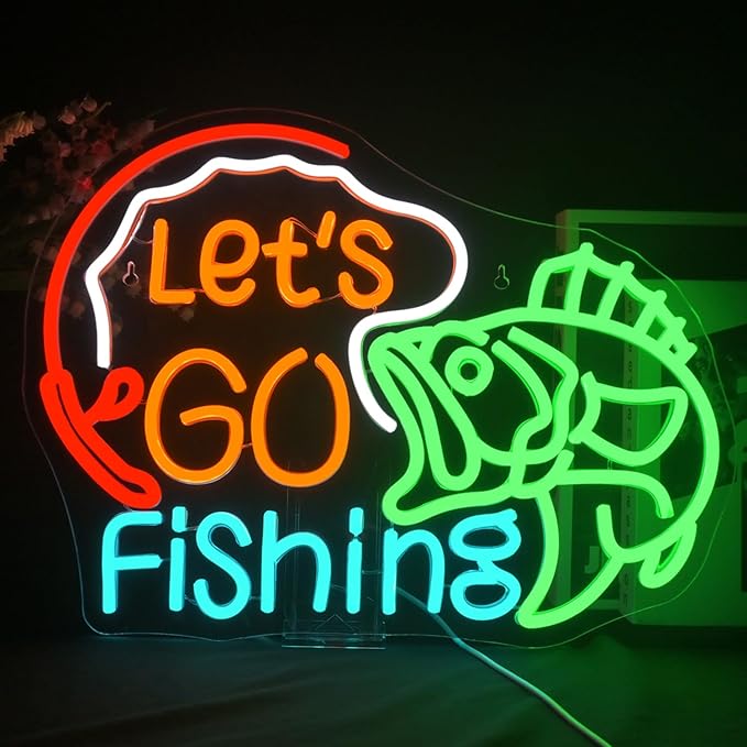 Lucunstar Let's Go Fishing Neon Sign Dimmable Fish Neon Light for Wall Decor LED USB Powered Fishing Hook Lights for Bedroom Living Room Man Cave Yacht Decor Men Gifts - Bloomnest