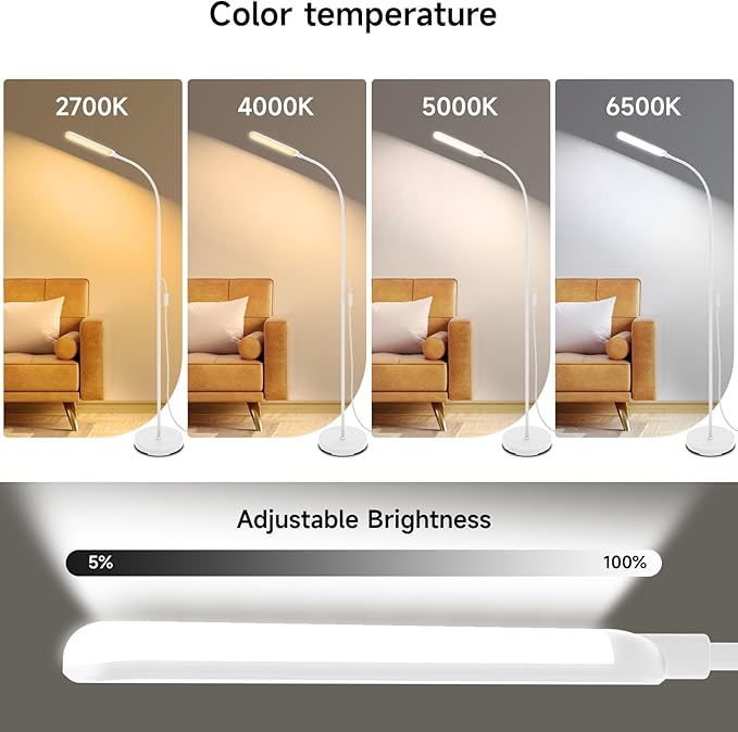 White LED Floor Lamp, 18W 1800lm Super Bright Dimmable Floor Lamps for Living Room Bedroom with Timer, Stepless Adjustable 2700K-6500K Colors & Brightness Standing Lamp with Remote & ON/Off Switch - Bloomnest
