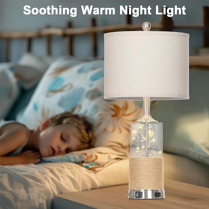 25" Boho Table Lamps Set of 2, Coastal Glass Bedside Lamps with USB A+C Ports and AC Outlet, Rattan Lamp with Night Light for Nightstand Living Room Bedroom, 2 LED Bulbs Included, Silver - Bloomnest