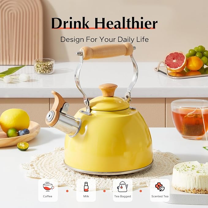 ROCKURWOK Tea Kettle, Tea Pot with Cool Touch Ergonomic Handle, Teapot Food Grade Stainless Steel, Tea Kettle Stovetop, Kettle Teapot, Whistling Tea Kettle, Small Tea Kettles, 1.6 Quart (Yellow) - Bloomnest