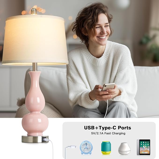 27" Pink Double Gourd Ceramic Lamps for Bedroom, Modern Ceramic Living Room Lamp with USB A+C Ports, Cute Bedside Table Lamps Set of 2, Tall Lamp for Night Stand Side End Table Home Decor - Bloomnest