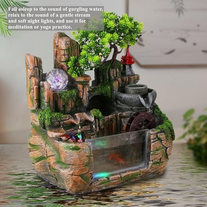 Atomizing Rockery Water Fountain Desktop Chinese Fengshui Tabletop Fountain Plants, Desktop Fountains, Atomizing Humidifier Fountain LED Lamp Waterfall for Home Office Bedroom Desk Decoration