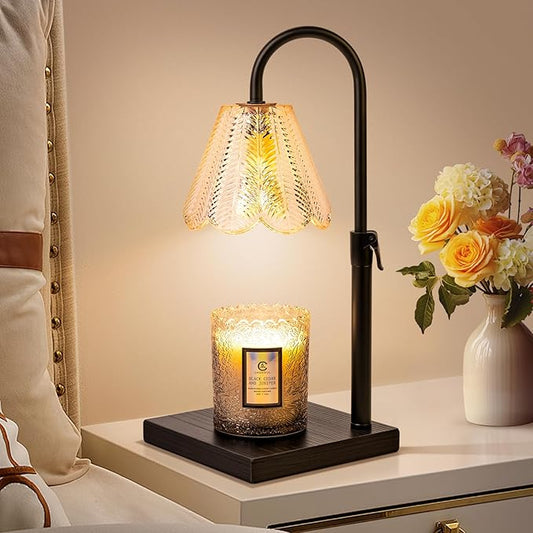 Golden Floral Candle Warmer Lamp with Timer & Dimmable Light - Adjustable Height Jar Candle Melter with Ebony Wooden Base, Home Decor Gift Set (Includes 2 Bulbs) - Bloomnest