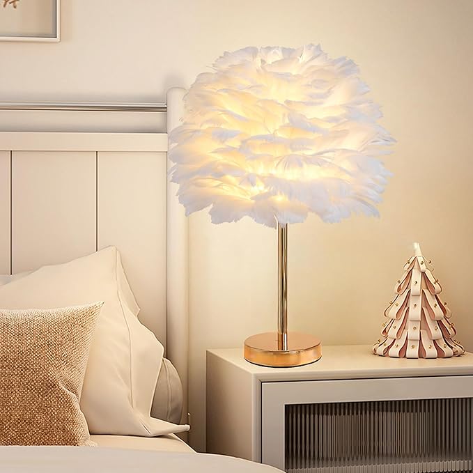 ZYLEIESENBAO Chic White Feather Lamp Creative Feather Bedside Lamp Cute Furry Nightstand Light Gold Stand Fluffy Table Lamp Atmosphere for Girl Bedroom Living Room Entry Hotel Wedding Gift - Bloomnest