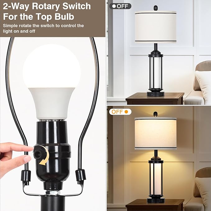 Table Lamps for Living Room Set of 2, Black Farmhouse Rustic Industrial Table Lamp with USB A+C Charging Ports & AC Outlet, 27" Modern Table Lamps with LED Night Light & Linen Fabric Lampshade - Bloomnest
