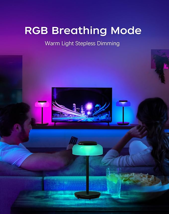 QiMH Battery Operated LED Table Lamp for Living Room, 5000mAh Cordless Desk Lamp with Stepless Dimmable Touch Control, Mini Rechargeable Night Light for Bedroom, Outdoor bar (Black-RGB) - Bloomnest