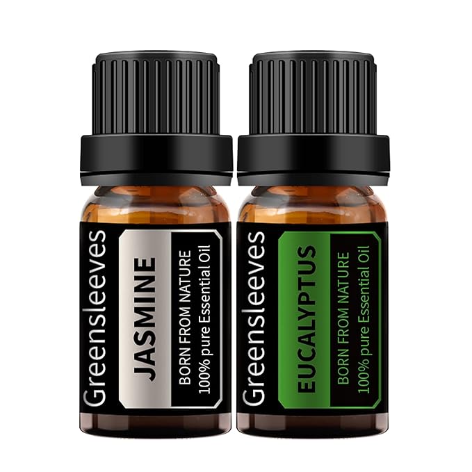 GREENSLEEVES Jasmine Eucalyptus Essential Oil Set, 2 x 10ml Pure Plant-Based Fragrance Oil for Aromatherapy, Essential Oils for Diffuser, Massage, Bath Bomb, Scented Candle Soap Making GREENSLEEVES