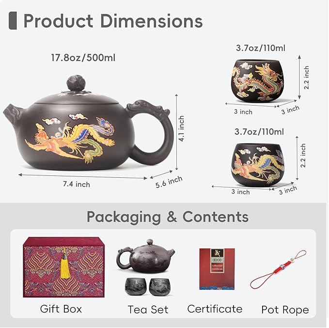 Hand-made Dragon and Phoenix Color-changing Purple Clay Magic Teapot -18oz Large Zisha Tea Pot Chinese Gong Fu Tea Set Tea Lover‘s Gift (Teapot+2Cups) - Bloomnest