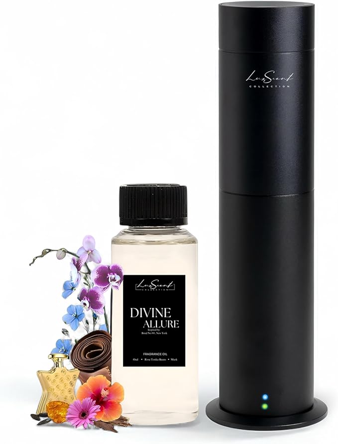 Aroma Scent Diffuser Starter Kit for Up to 1000SQ. FT. Coverage - 120ML Waterless Essential Oil Scent Included - Luxury Aroma Diffuser Ideal for Home, Office & Hotel (Black, Divine Allure) - Bloomnest