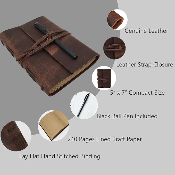 Leather Journal Writing Notebook - Genuine Leather Bound Daily Notepad for Men & Women Lined Paper 240 Kraft Pages, Handmade, Rustic Brown, 5 x 7 in - Bloomnest