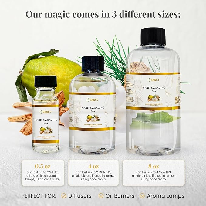 YANCY Night Swimming Luxury Collection Fragrance Oil (4 oz), Fresh Marine and Floral Scent, Soothing Aroma for Diffusers, Oil Burners & Aroma Lamps, Ideal for Nighttime Relaxation YancySpa