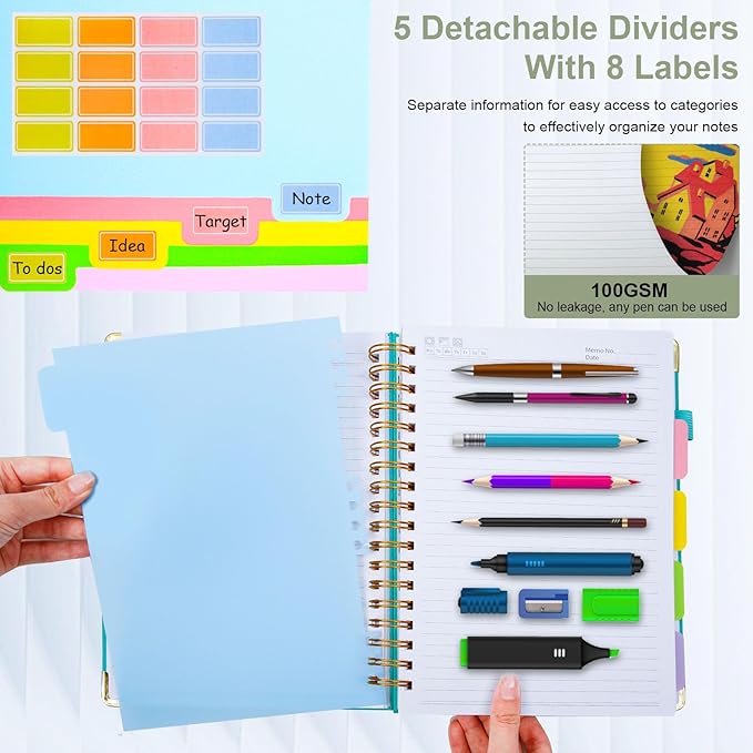 Hardcover Spiral Notebook 8"x10" Journal Notebook with Tabs and Removable Dividers 300 Pages 5 Subject Notebook College Ruled, Faux Leather Spiral Bound Notebook for Women School Work (Sage Green) - Bloomnest