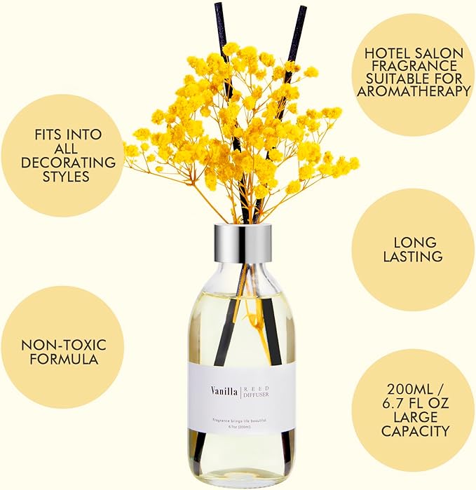 Clesh Reed Diffuser Set, 6.7 oz Vanilla Scented Diffuser with Sticks, Home Fragrance Reed Diffuser for Bathroom Shelf Decor - Bloomnest