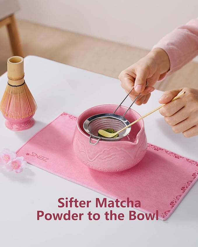 ZENS Pink Matcha Set, Matcha Whisk Set Includes 15oz Ceramic Bowl & (Chasen Holder), Bamboo Whisk & Scoop, Sifter and Pink Tea Towel, 6pcs Matcha Kit for Matcha Lovers - Bloomnest