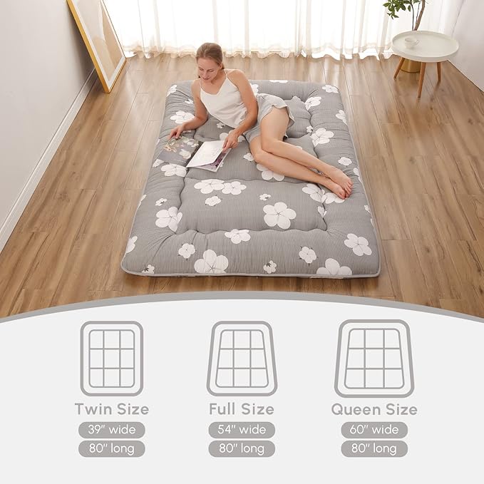 Japanese Floor Mattress Full, Futon Mattress with Storage Bag and Washable Cover, Roll Up Tatami Mat Suitable for Guest Room, Grey Cotton - Bloomnest