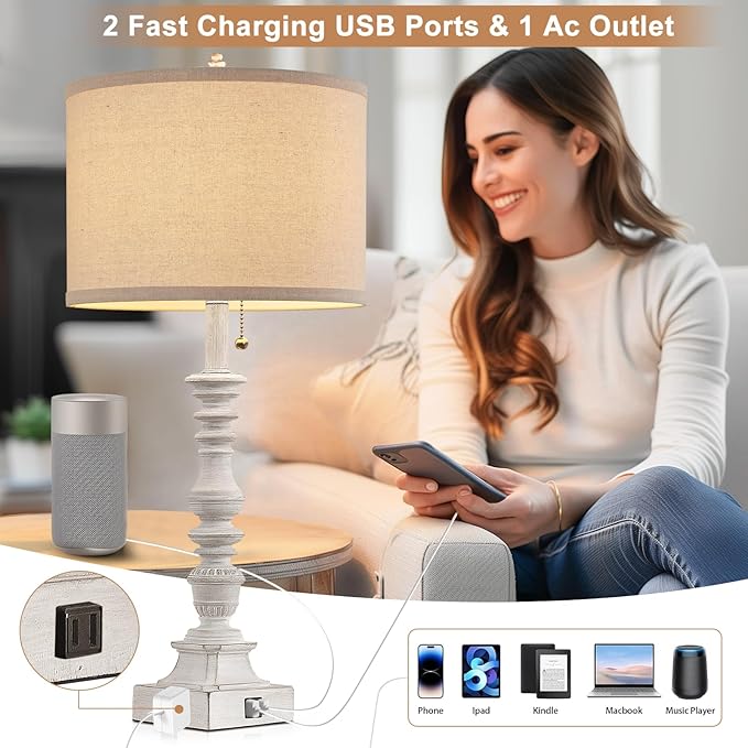 Farmhouse Table Lamps for Bedroom Set of 2, 29.5" Tall Rustic Bedside Lamp with USB Ports and AC Outlet, Vintage Nightstand Table Lamp for Living Room with Linen Drum Shade, White, Pull Chain - Bloomnest