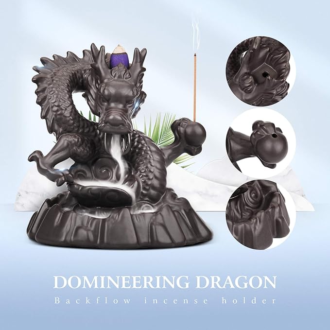 Ceramic Dragon Backflow Incense Holder Waterfall Incense Burner, Smoke Incense Holder, with 70 Backflow Incense Cones + 50 Incense Stick, 1 Mat, 1 Tweezers Home Decor (Brown-Dragon) - Bloomnest