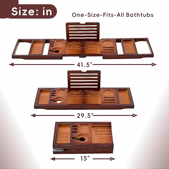 Premium Foldable Bamboo Bathtub Tray Caddy, Expandable Bath Caddy Tray with Holder, Brown Bath Shelf Over Tub, Spa Bathroom Accessories & Gifts for Home - Bloomnest