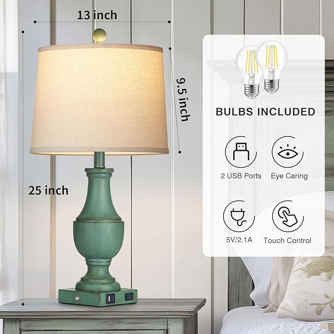 Farmhouse Table Lamp Set of 2, Rustic Touch Control 3-Way Dimmable Lamps with USB A+C Charging Ports & AC Outlet, Vintage Retro Antique Bedside Lamp for Living Room Bedrooms Nightstand Green - Bloomnest
