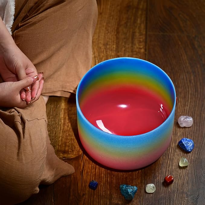 CVNC 440HZ 8 Inch Rainbow Colored G Note Throat Chakra Frosted Quartz Crystal Singing Bowl for Sound Healing and Meditation - Bloomnest