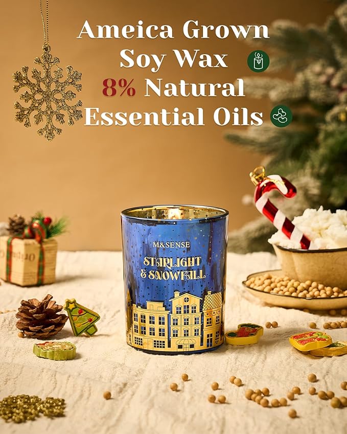M&SENSE Christmas Candles, Startlight Snowfall Scented Winter Candle Natural Soy Wax 18oz 100 Hours Clean Non Toxic Burn, Cracking Wooden Wick Large Gift for Holiday Family Friends - Bloomnest