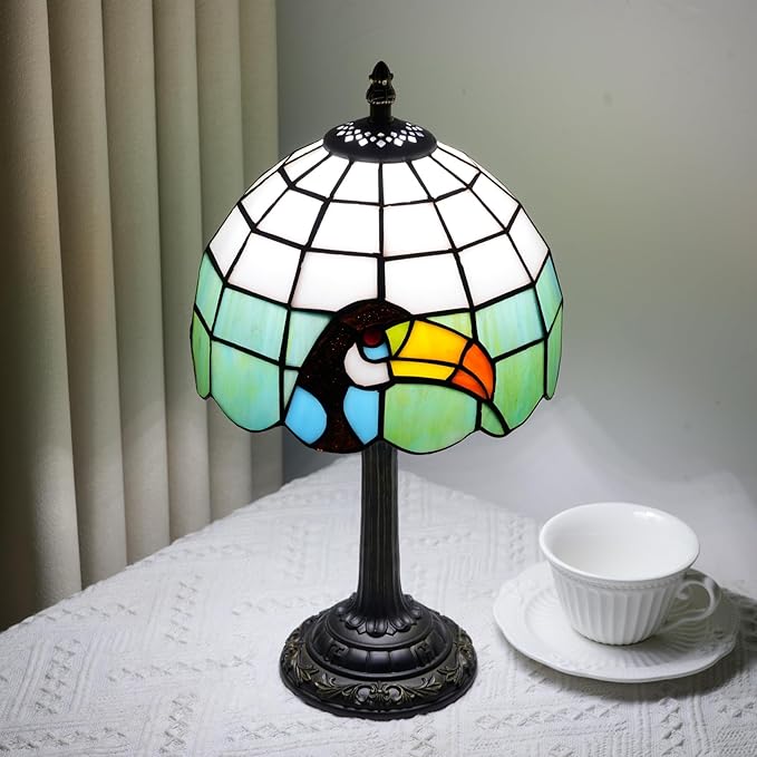 Tiffany lamp 8 inch stained glass lamp European retro black toucan warm color reading bedside lamp suitable for bedrooms dormitories studies antique home decoration art handicrafts (green and white) - Bloomnest