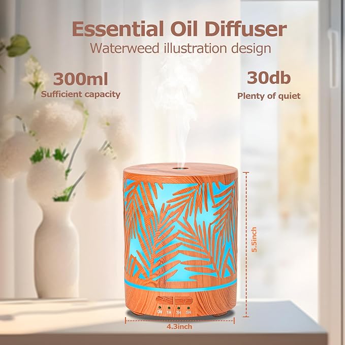 Essential Oil Diffuser Metal Aromatherapy Oil Diffusers for Large Room,Water Plants Pattern Ultrasonic Cool Mist Diffuser with Waterless Auto Shut-Off Protection,for Home Office,300ML - Bloomnest