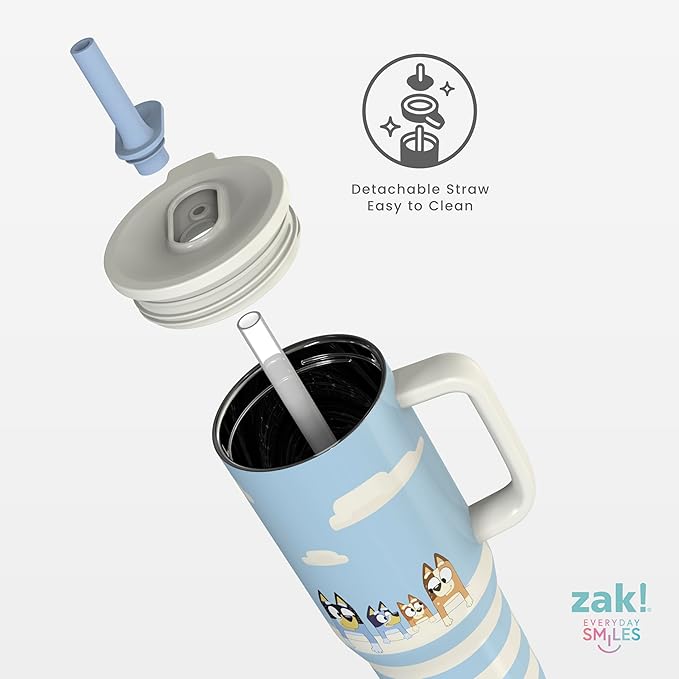 Zak Designs Bluey Sutton Travel Tumbler for On the Go, 30oz Stainless Steel with Vacuum Insulation, Silicone Straw, and Carry Handle for Cold Drinks (Bluey, Bingo, Bandit, Chilli) - Bloomnest