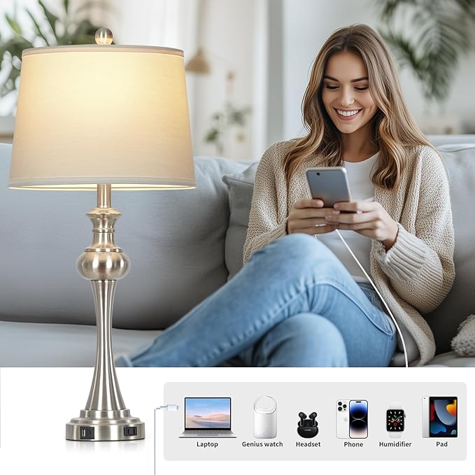 28.75" Silver Table Lamps for Living Room,Touch Lamps for Bedrooms Set of 2 - Nightstand Table Lamp with USB C+A, 3 Way Dimmable Bedside Lamps End Tables Brushed Nickel - Bloomnest