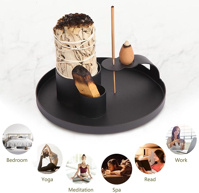 4 in 1 Incense Holder, Sage Burner Holder, Palo Santo Holder Burner, 5.47" Ash Catch Tray, Smudge Stick Holder with Handle for Incense Sticks Incense Cone, Yoga Meditation and Room Decor HOCUROAY