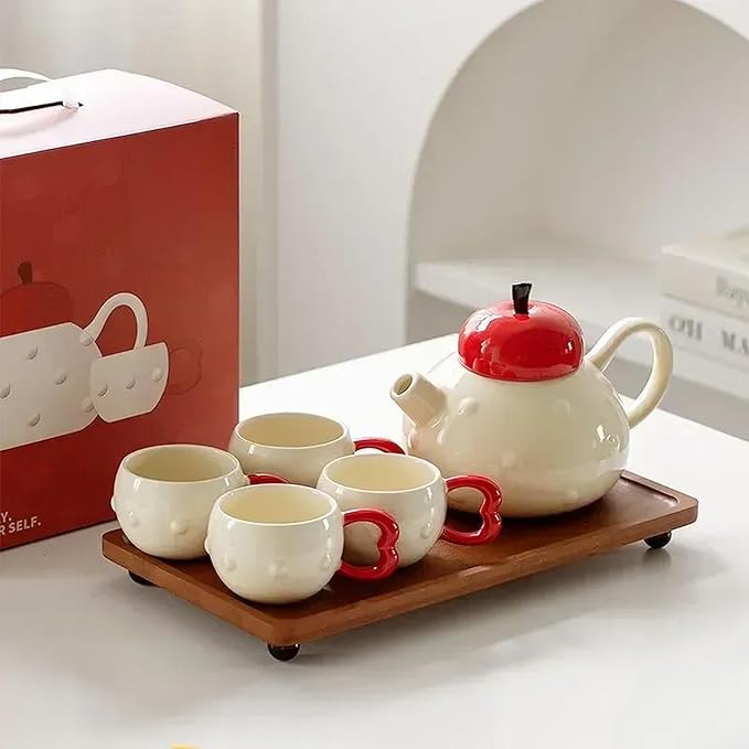 Apple-themed Modern Tea Set, 1 Teapot (28.7oz), 4 Teacups and 1 Tea Tray, Porcelain Tea Set for Adults, Cute Tea Set for Women Tea Party, Gift Package - Bloomnest